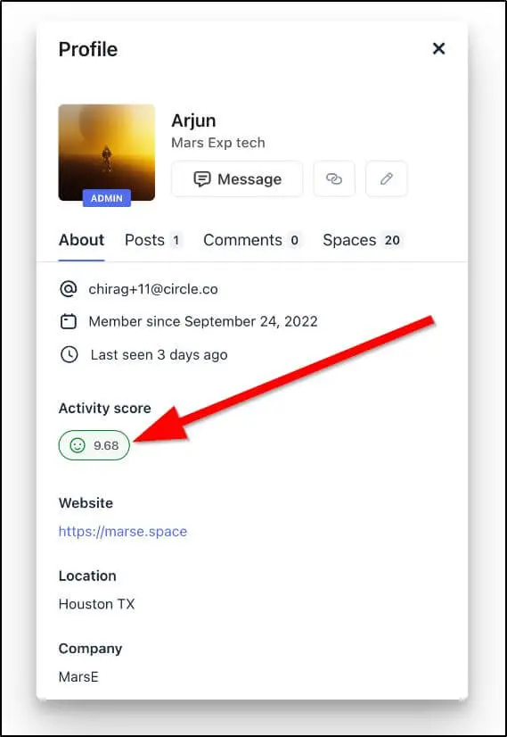 Profile of Arjun with red arrow pointing to activity score of 9.68