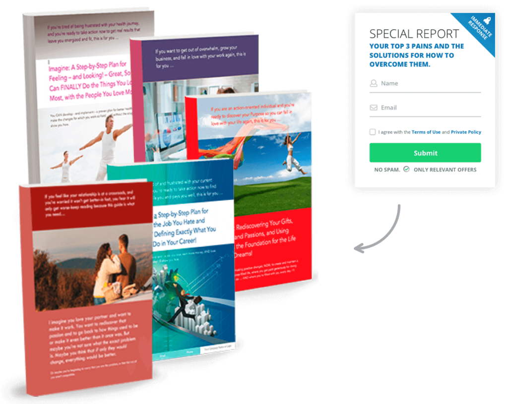 5 book covers and a pop up lead to submit with arrow pointing to books