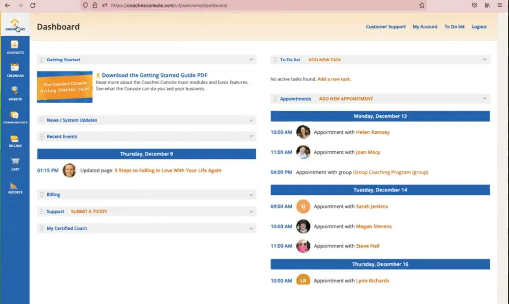 Dashboard for Coaches Console