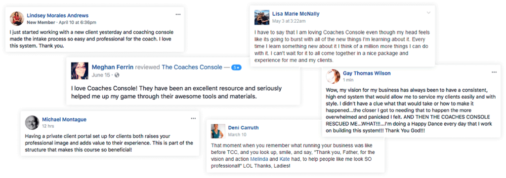 6 pop ups of reviews with an thumbnail image of reviewer, their name and their review 