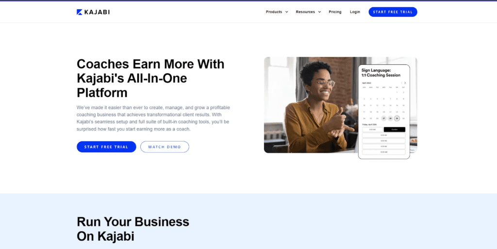 Kajabi homepage with start free trial button and watch demo button