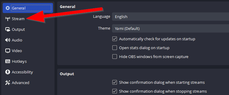 Configure Your YouTube Live Stream And Go Live, settings, red arrow pointing at -Stream- Under general settings