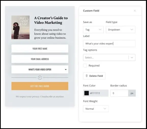 Kit example showing "A Creator's Guide to Video Marketing" opt-in form with options for segmenting.