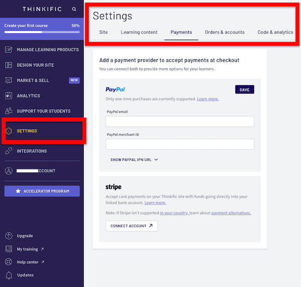 Settings in a red box
and Payment chosen
Paypal and Stripe payment options 