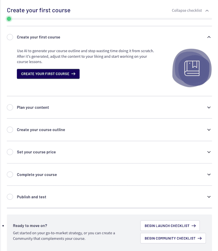 Create your first course checklist that you can follow and click on to go to next screen