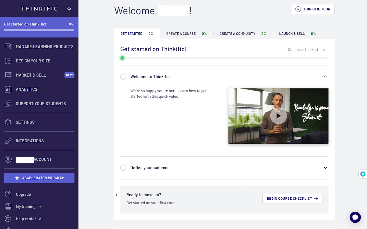 Thinkific dashboard with navigation, a video on how to get started, tour 