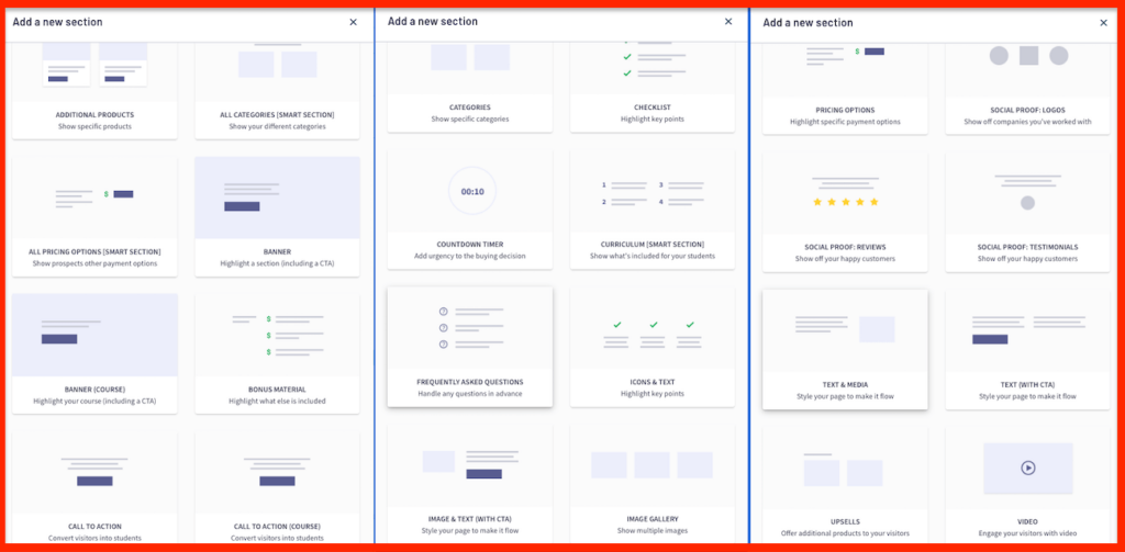 Three columns of Add a new section, with different templates to choose from