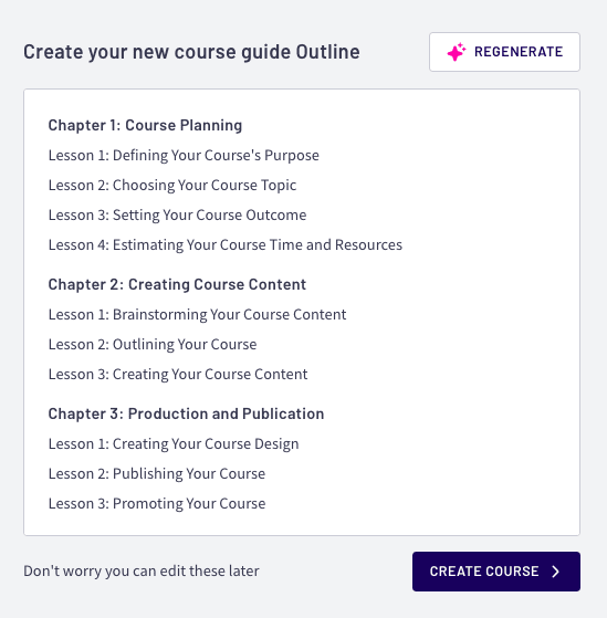 Chapter 1 with 4 lessons, chapter 2 wiht 3 lessons and chapter 3 with 3 lessons of a new course guide outline