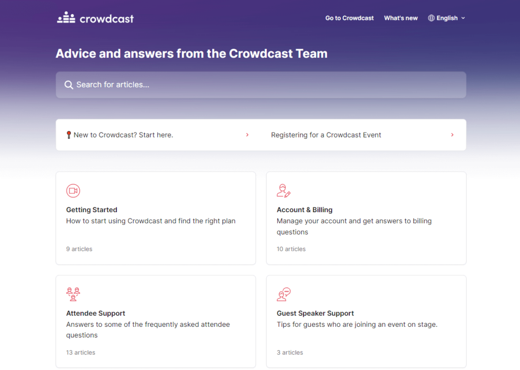 Crowdcast support page where you can search for articles and sections such as getting started or account and billing