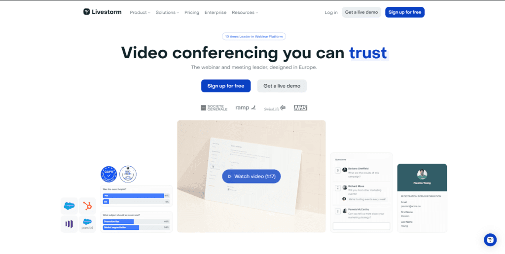 Livestorm homepage
Sign up for free or Get a live demo