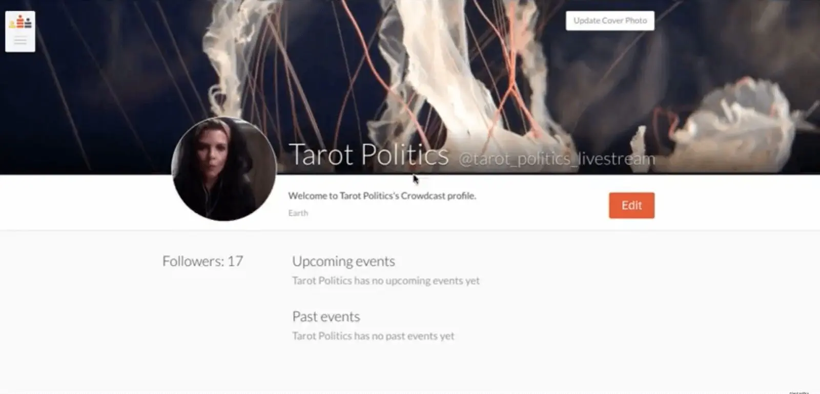 profile page for Tarot Politics with # of followers, upcoming events