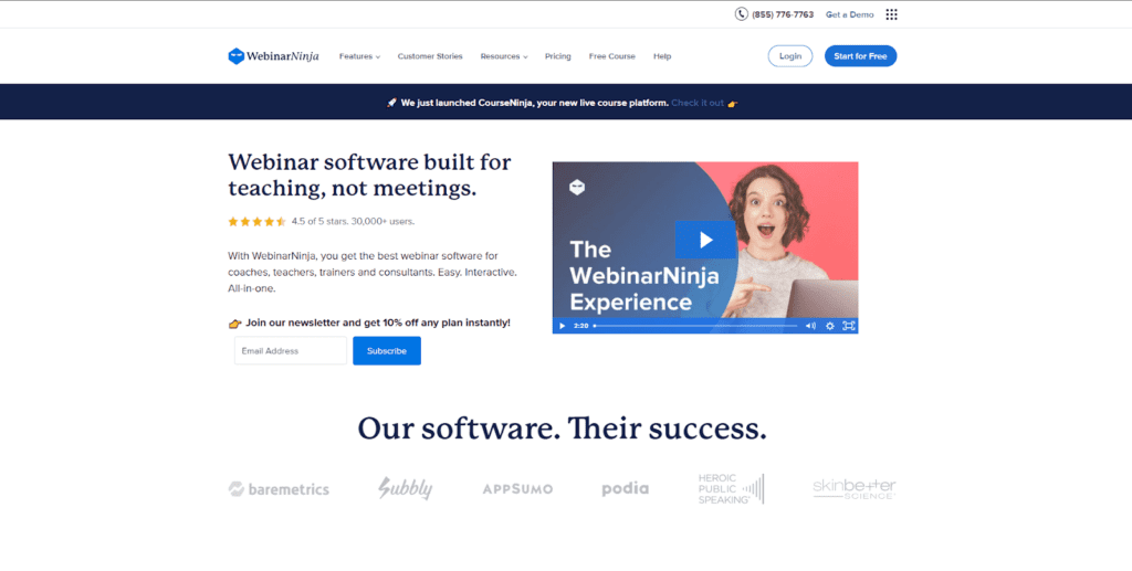 webinarninja homepage with a video and subscribe link