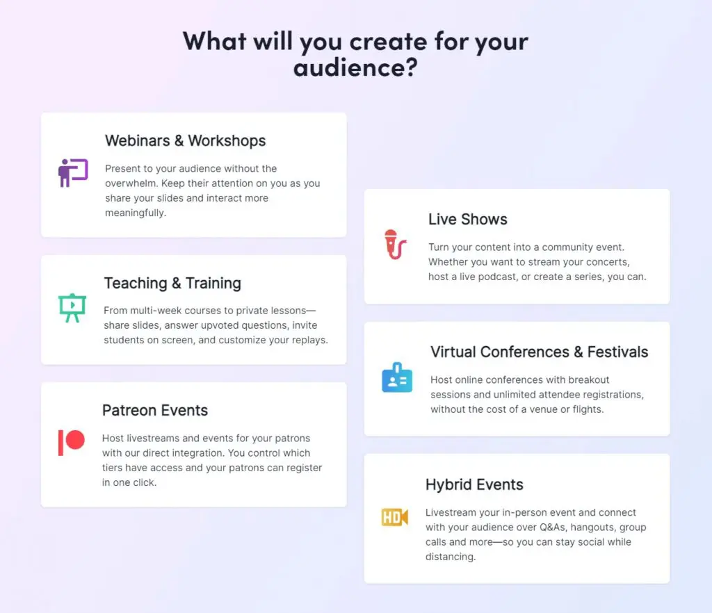 graphic showing boxes of what you can create for your audience