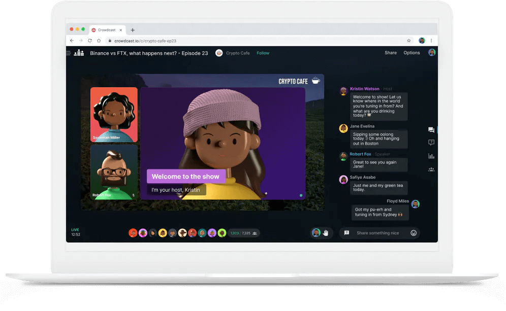Crypto Cafe Episode 23 with images and chat in left side
