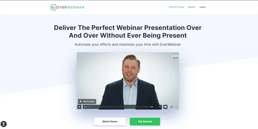 EverWebinar homepage with a video and can Watch Demo and Get Started button