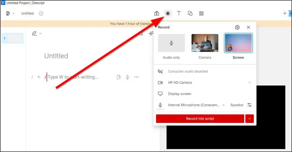 Untitled project screen
red arrow pointing to record button
red button that says
Record into script