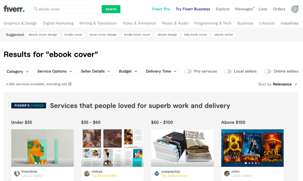 Image of Fiverr search page for write an ebook concept