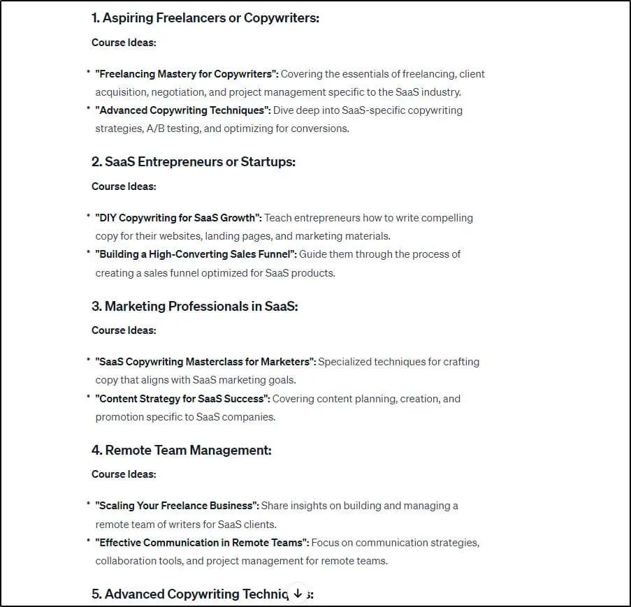 A list of course ideas for different professionals