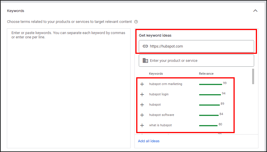 YouTube keywords selection options "Get keyword ideas - Hubspot"