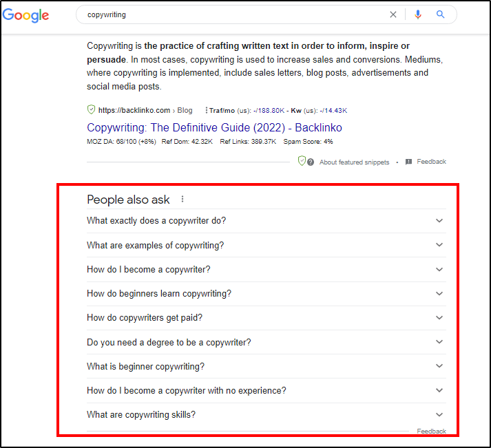 Google search results: copywriting with red box around "People also ask"