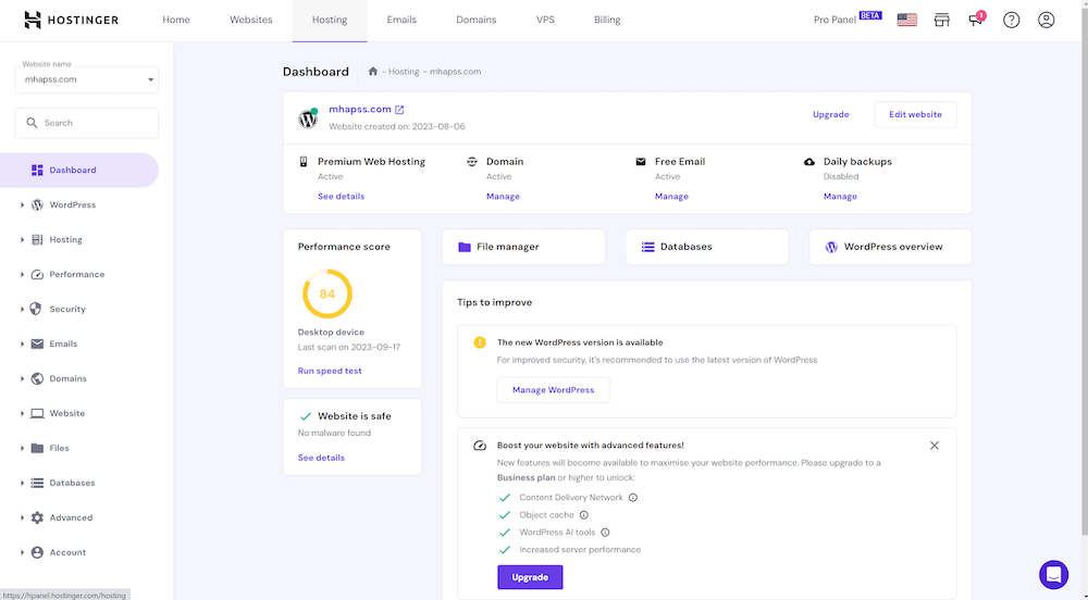 Hostinger Hosting Page
Dashboard
Tips to Imporve