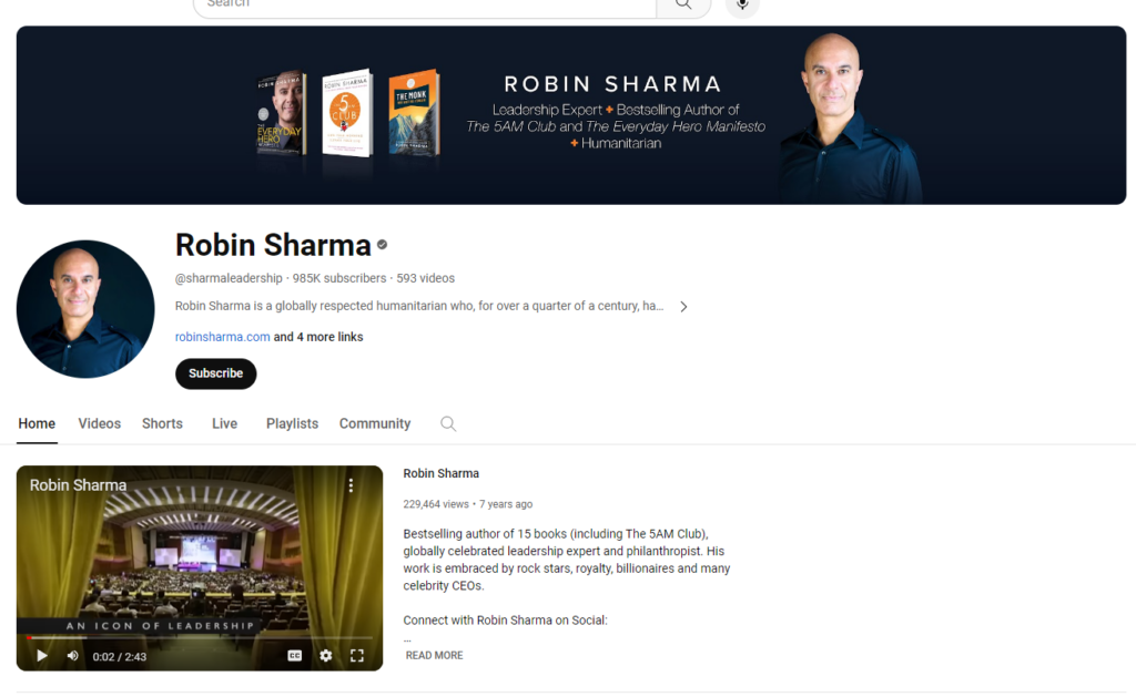 Robin Sharma YouTube page with image of Robin and Home Videos Shorts Live Playlists and Community links