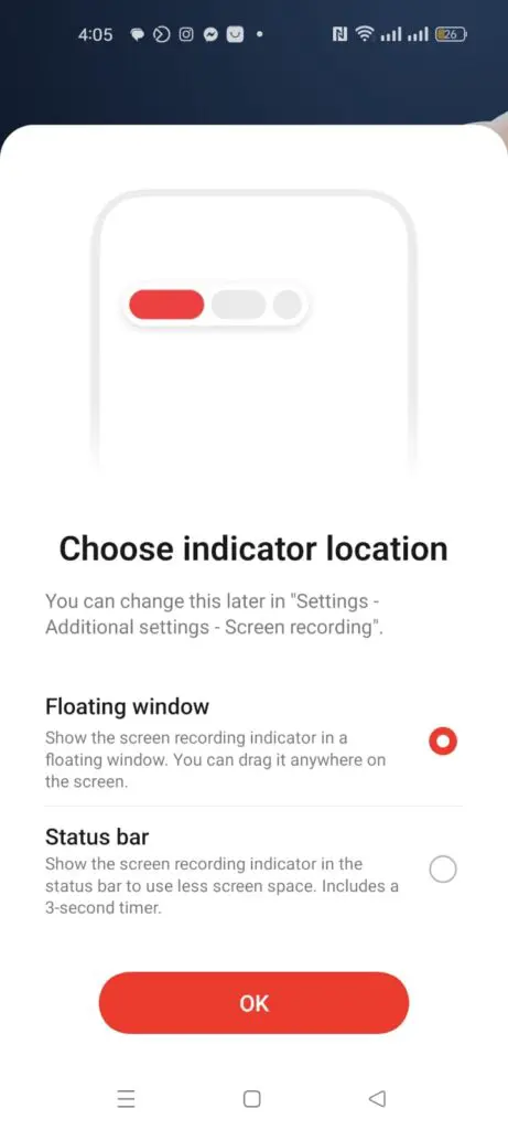 Choose indicator location, with floating window button selected, status bar not selected