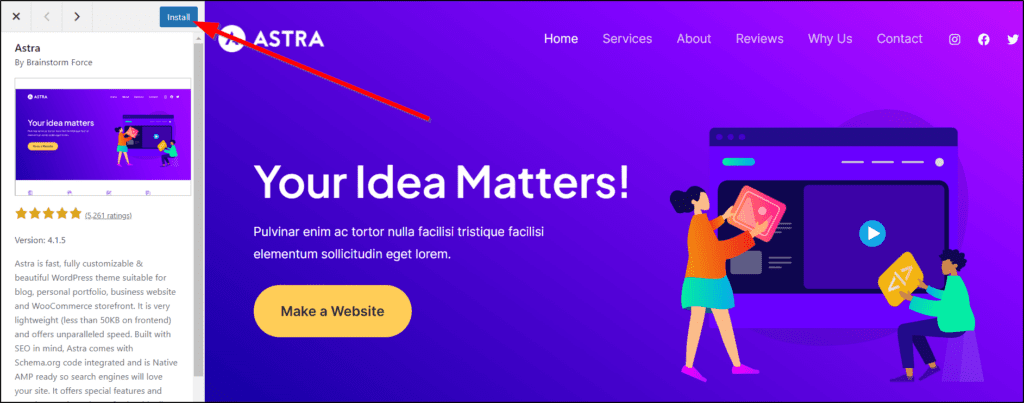 Astra Theme page with a red arrow pointing to the Install Button