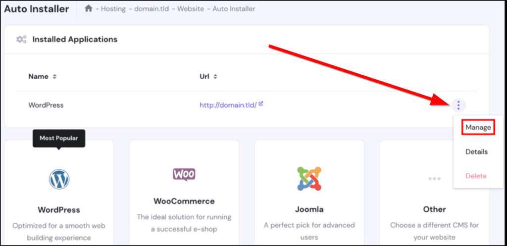 Screenshot of Auto Installer page where it says Installed Applications with a red arrow pointing to the word Managed in a red box