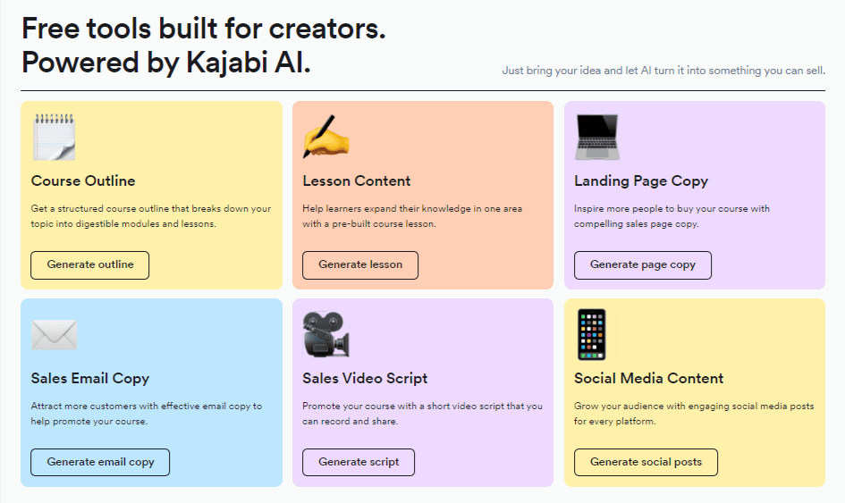 6 boxes that shows what tools are available from Kajabi AI with buttons to go to each tool to try it out