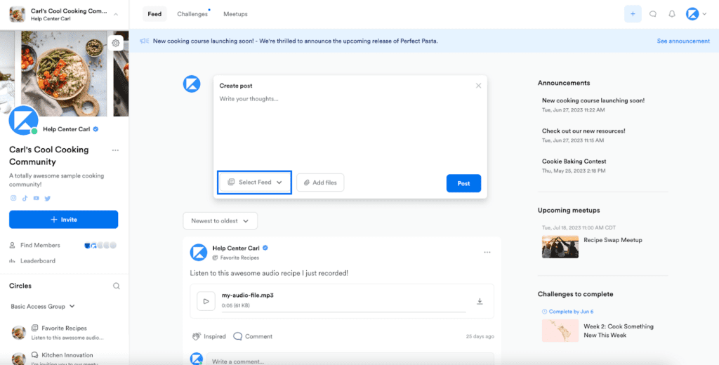 Carl's Cool Cooking Community Feed page
Create post in center with a blue box around Select Feed and Post
