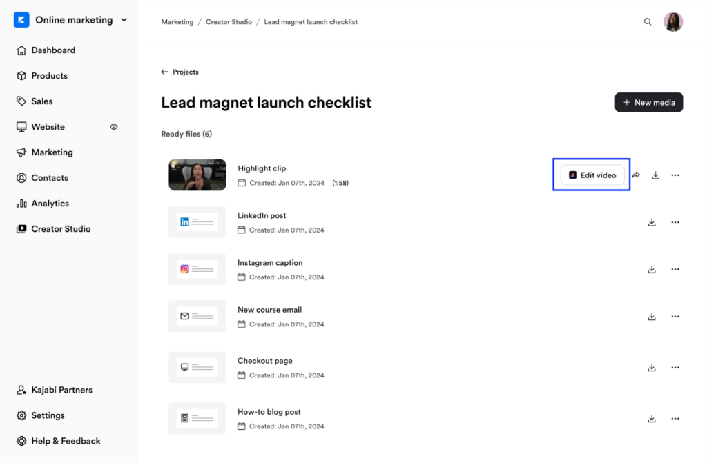 Lead magnet launch checklist page with blue box around edit video