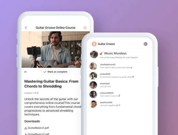 two screenshots of Kajabi mobile app side-by-side - one on left showing Guitar Groove Online Course with photo of man talking in front of camera; text below "Mastering Guttering Basics: From Chords to Shredding"; image on right with text "Guitar Groove" with Music Mondays below and replies from other people in course.