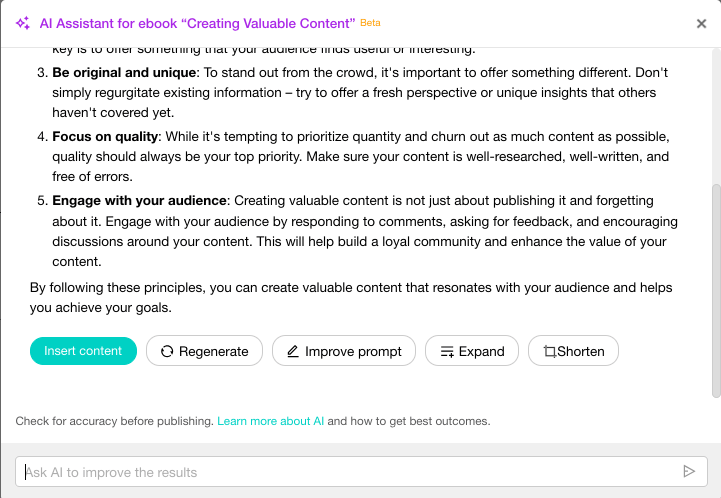 Content written by AI with 3 points from 3-5 showing and insert content button on bottom