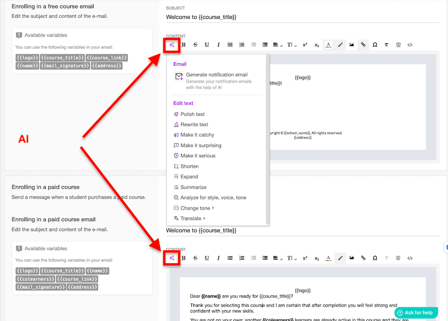 Two red arrows points to AI Content icons to generate emails using AI