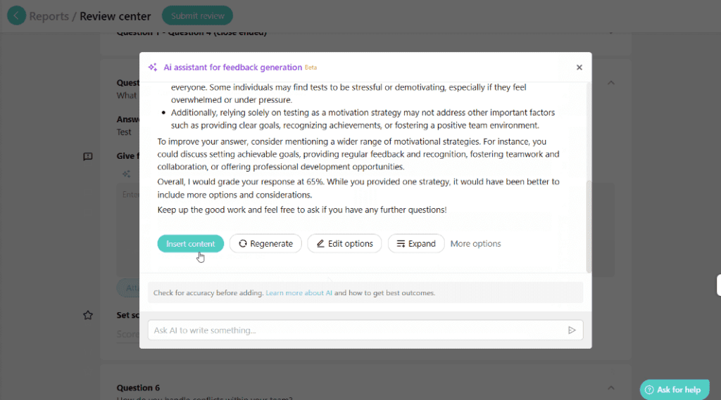 showing AI assistant provided for feedback generation and hand tool pointing to Insert content button
