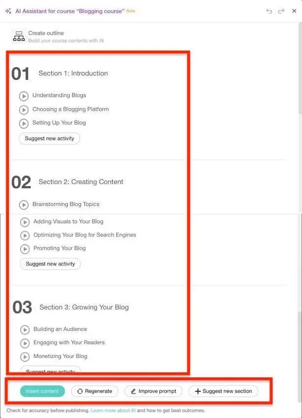 Red box around Create Outline with Section 1-3 and red box around next steps with Insert Content button