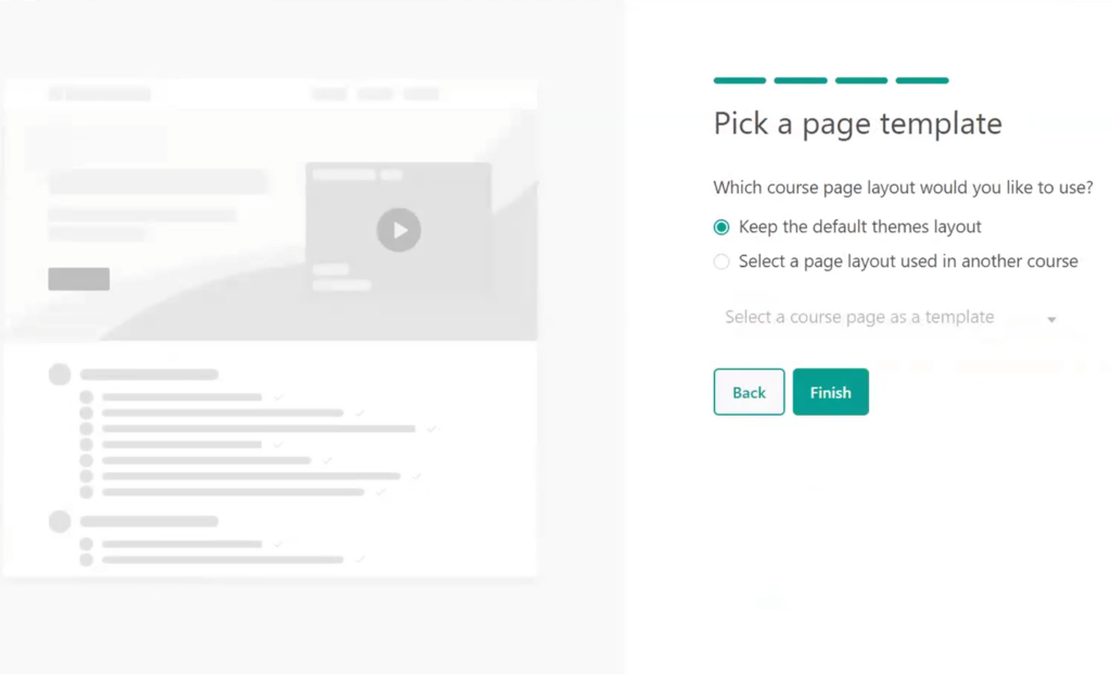 Pick a page template menu with "Keep the default layout" option selected and "Select a page layout used in another course" as the unselected option