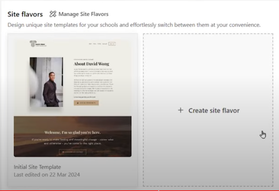 Site Flavors menu with templates on left and option to add a new site flavor