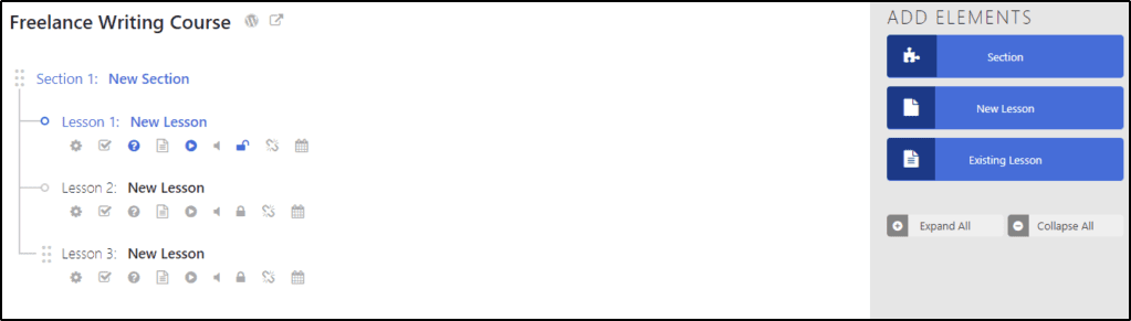 Freelance Writing Course, "Add Elements" menu to show adding sections to course