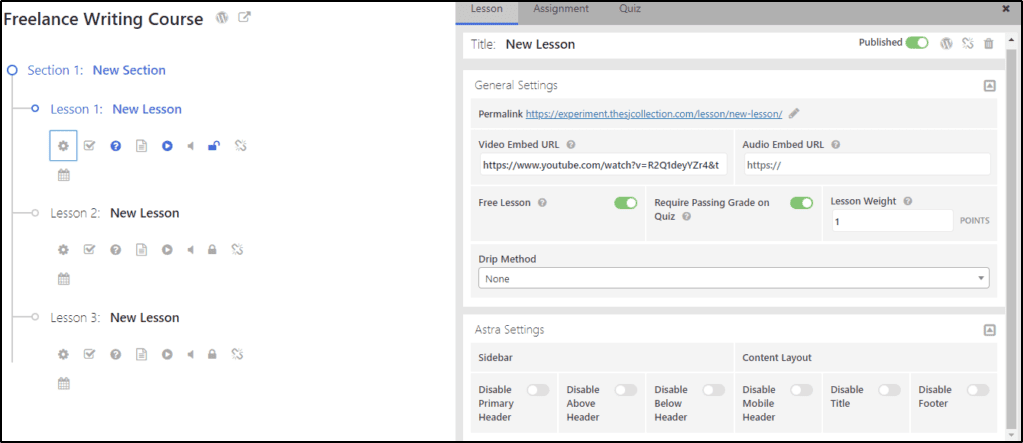 Freelance Writing Course Lesson Menu showing general settings