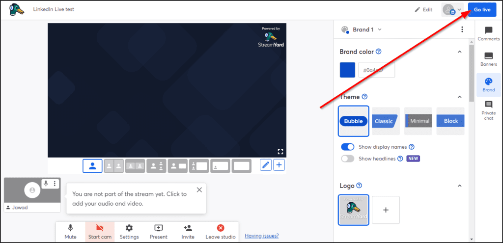LinkedIn Live test on StreamYard, arrow pointing to upper right corner, "Go Live"