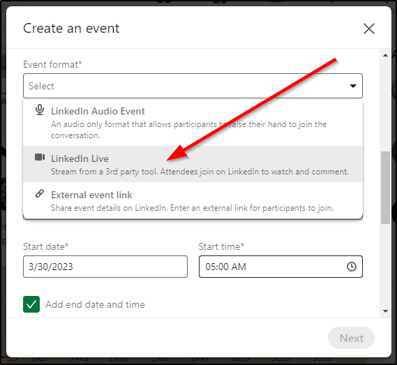 "Create an event" menu, arrow pointing at LinkedIn Live as event format