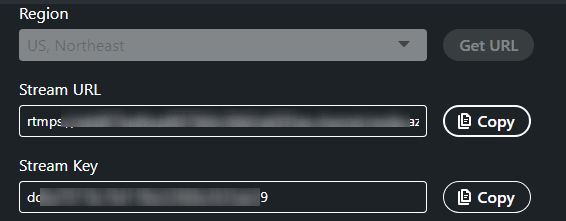 Stream URL and Stream Key (blurred out)