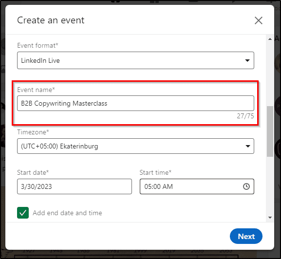 red box around "Event name: B2B Copywriting Masterclass"