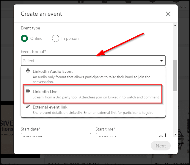 LinkedIn Live, Create an event menu, arrow pointing at "Event Format", red box around "LinkedIn Live"