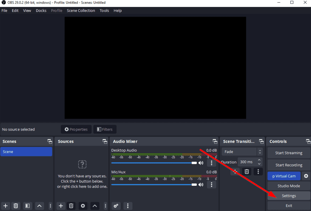 OBS, arrow pointing at settings