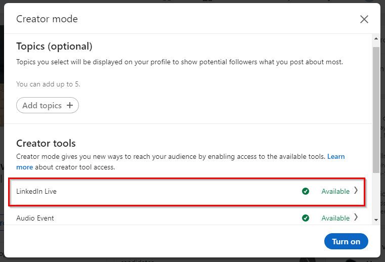 LinkedIn Live checked "available" under Creator Tools menu