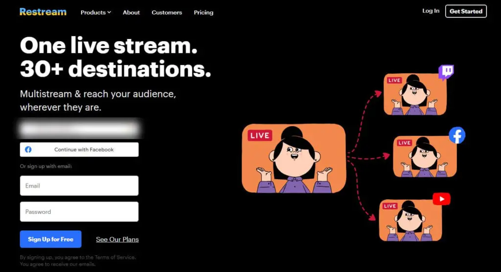 Restream homepage with one image llive and three arrows to other images such as YouTube  and Facebook