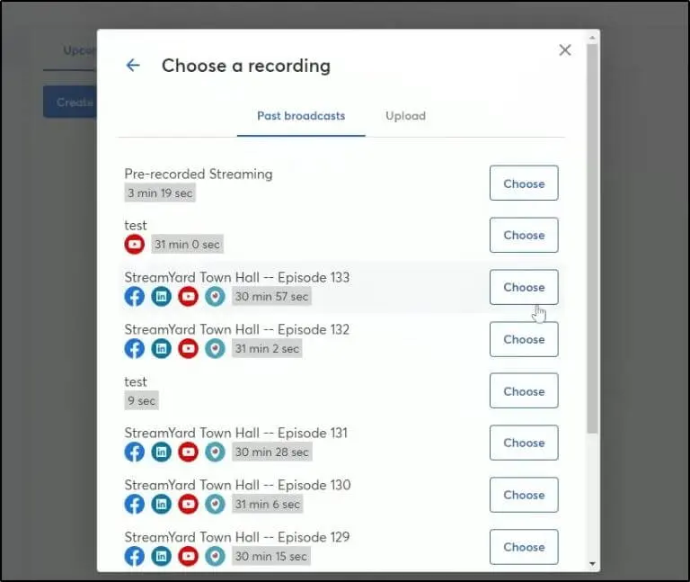 Choose a recording window where you have the option of what StreamYard video to choose